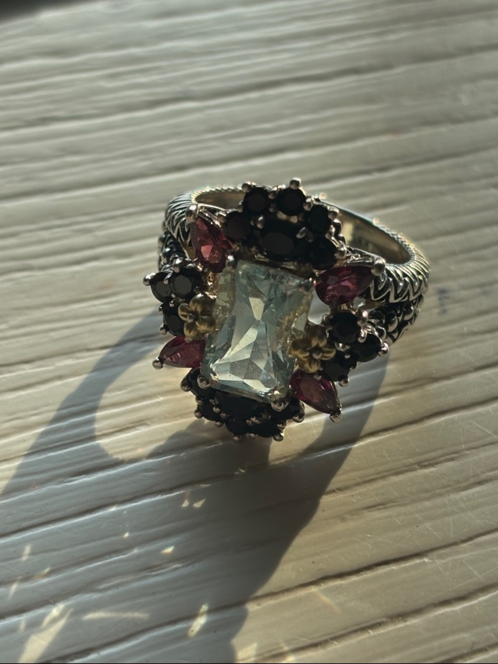 Barbara Bixby Sterling Silver and 18k Aquamarine and Garnet Cluster Ring - Picture 3 of 6